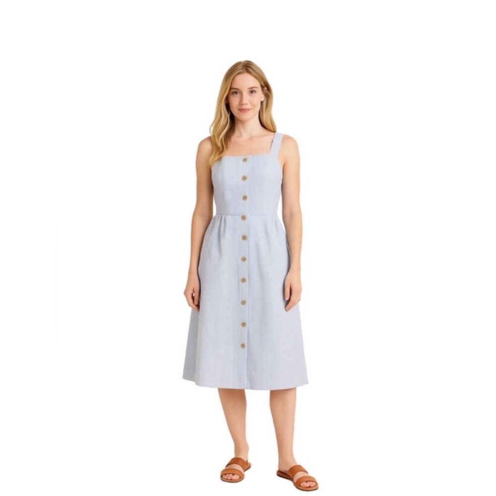 J. Crew Dress Midi Button Up Sleeveless Stripe Seersucker Blue White Sz 12- EUC - Picture 2 of 14